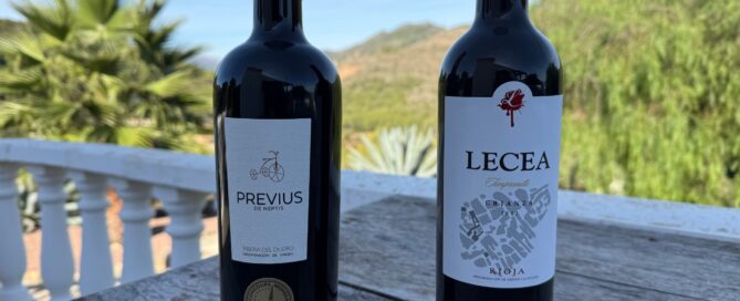 Previus de Neptis (Ribera del Duero) and Lecea Crianza (Rioja) wine bottles side by side on a terrace table